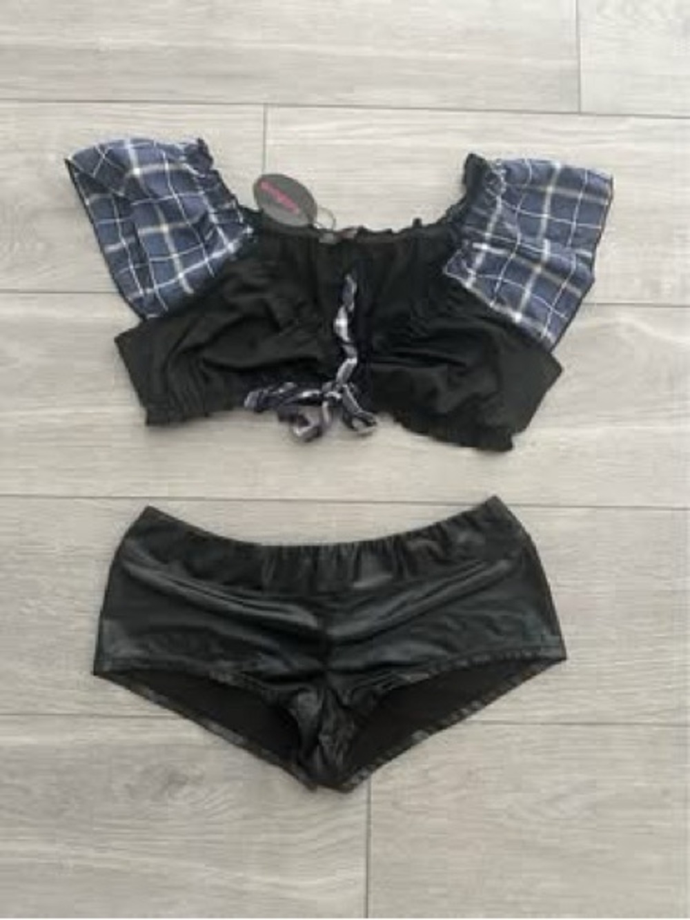 Black Plaid 2 Piece Rave Festival Crop Top & Shorts Set